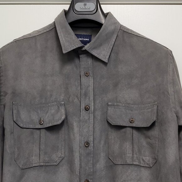 Basic Editions Shirt Faux Suede Mens Large Button Up Long Sleeve Lined Pockets - Picture 2 of 16